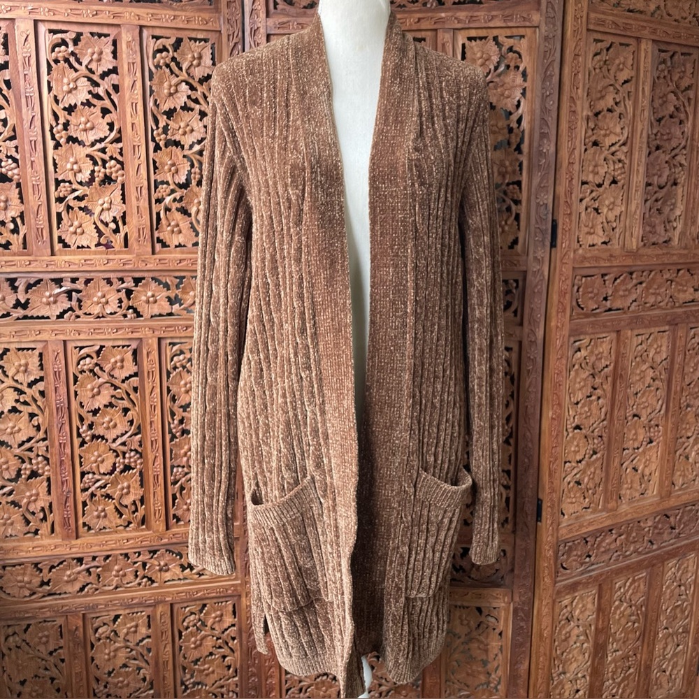 Matty Cozy Chenille Open-Front Brown Ribbed Knit Cardigan Duster Sweater